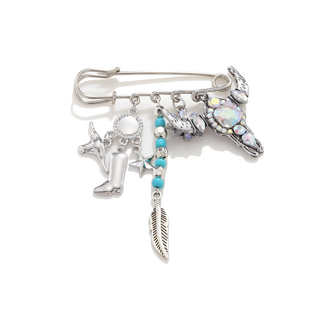 Silver-Tone Western Charm Safety Pin Brooch