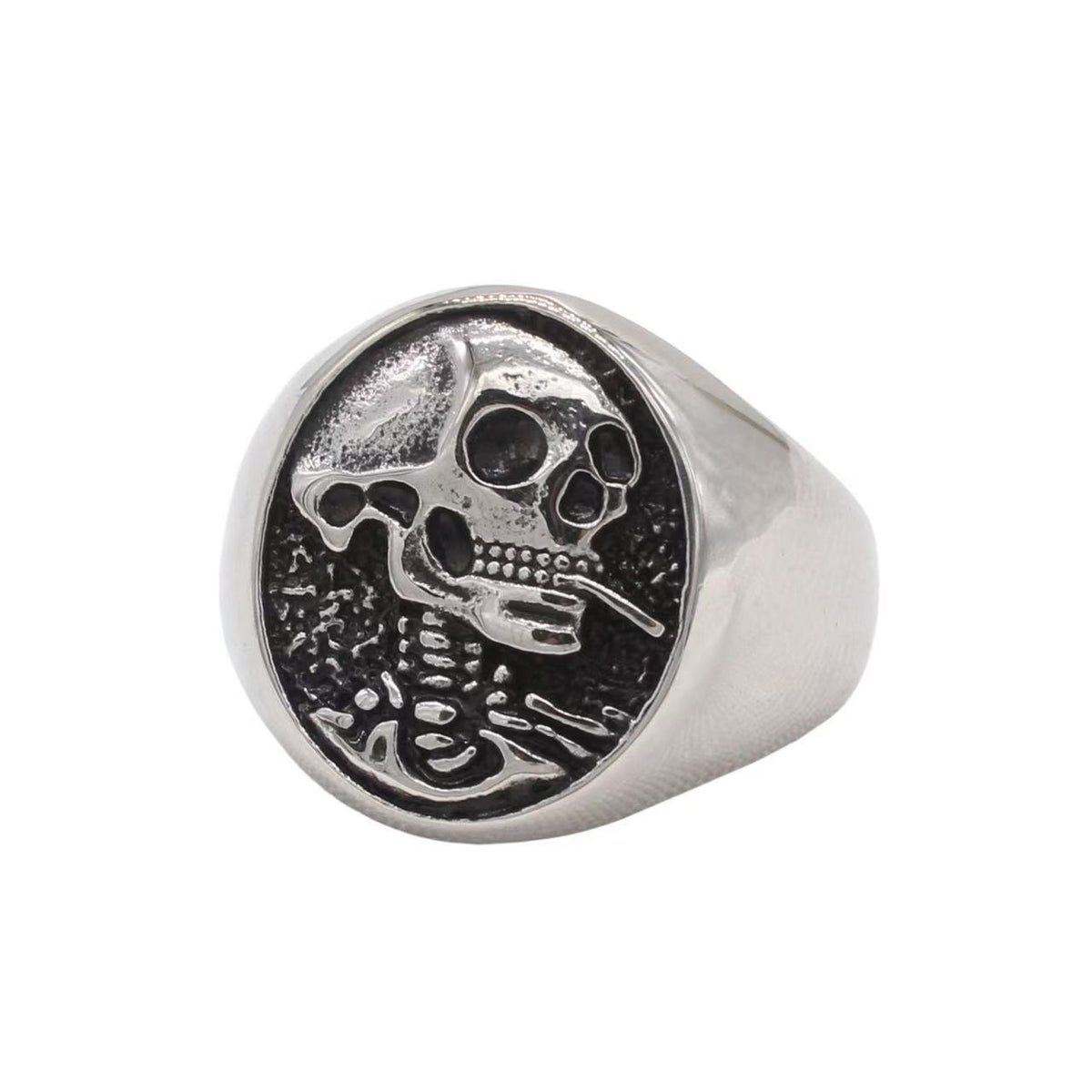 Silver-Tone Skull Signet Ring, US Size 7