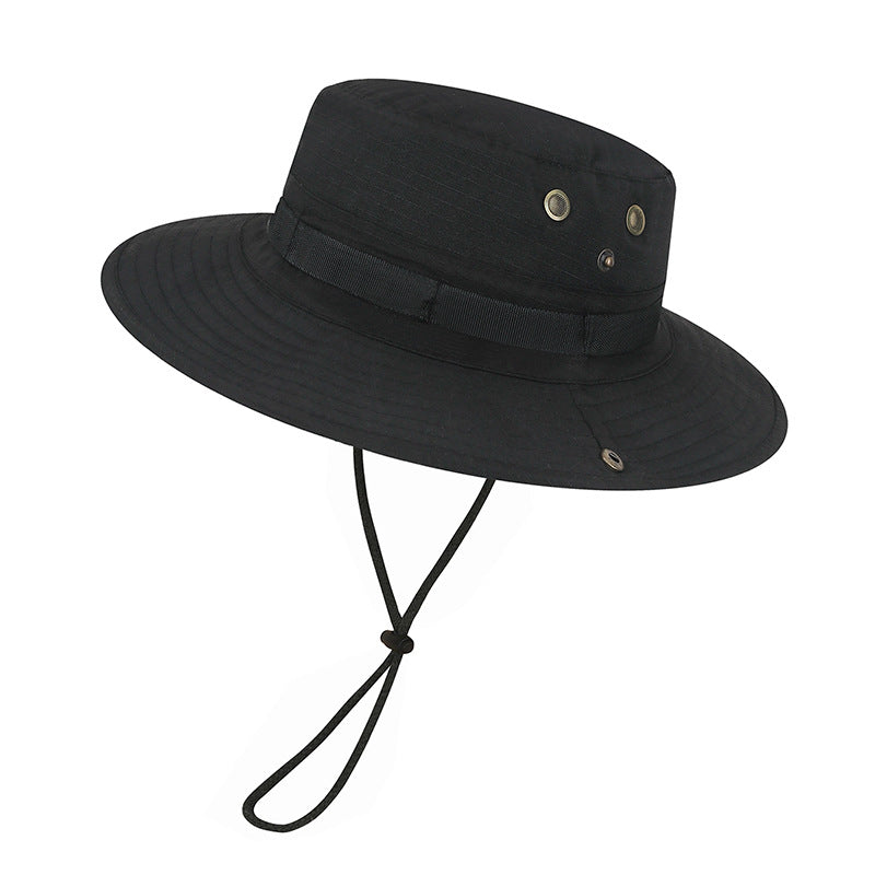 Black Wide-Brim Outdoor Hat with Chin Cord