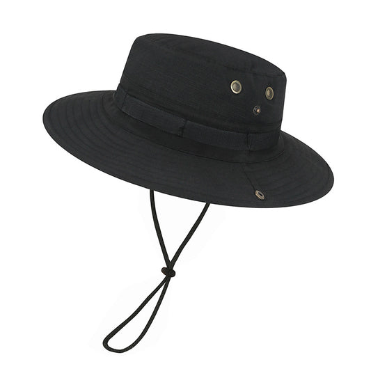 Black Wide-Brim Outdoor Hat with Chin Cord