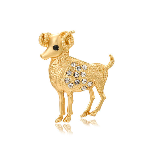 Gold-Tone Ram Brooch with Clear Stone Detail