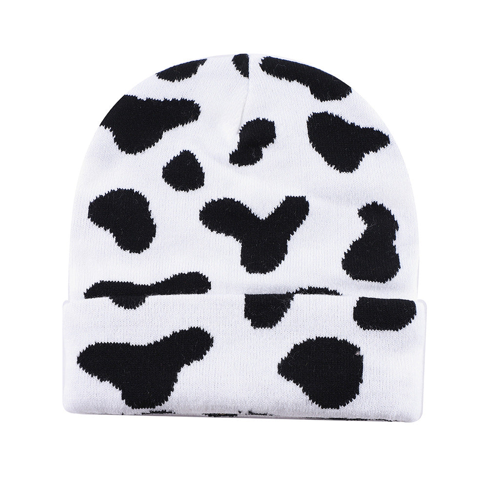 Black and White Cow-Print Knit Beanie
