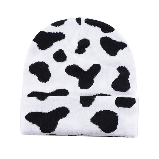 Black and White Cow-Print Knit Beanie