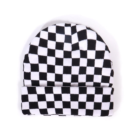 Black and White Checkerboard Knit Beanie